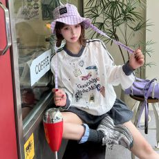 批发原版质量休闲球衣女可爱卡通长袖拼接<b class='q'>T</b><b class='q'>恤</b>上衣