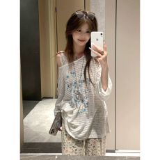 批发原版质量美式辣妹一字肩斜肩长袖防晒罩衫<b class='q'>T</b><b class='q'>恤</b>