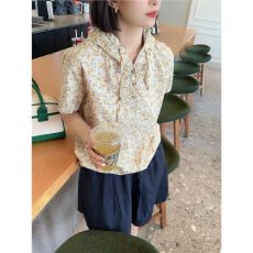 批发<b class='q'>韩国</b>东大门女装夏季甜美小清新碎花抽绳系带薄款连帽套头短袖小衫