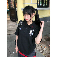 批发美式刺绣POLO领学院风正肩短袖T恤男女夏季宽松版慵懒情侣装上衣