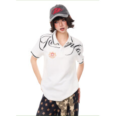 批发莫代尔棉美式新款正肩polo领短袖女夏季徽章刺绣t恤朋克风上衣女