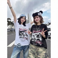 批发美式嘻哈风重磅休闲短袖T恤男<b class='q'>女</b><b class='q'>童</b>宽松<b class='q'>百搭</b>圆领卡通印花上衣夏季