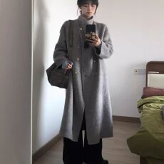 批发灰色毛呢大衣女2026年新款秋冬高级感毛呢小个子立领中长款外套