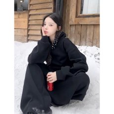 批发美式复古珍珠设计感连帽短款卫衣女外套春秋辣妹<b class='q'>运动服</b><b class='q'>休闲</b>上衣潮