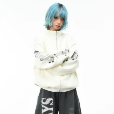 批发亚文化小众悬浮音符刺绣灰色卫衣男女秋新款立领<b class='q'>夹克</b>短款<b class='q'>外套</b>