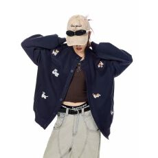 批发美式复古小狗刺绣棒球领外套女2026秋冬季卫衣开衫上衣