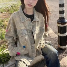 批发美式复古黄泥水洗做旧<b class='q'>牛仔</b><b class='q'>外套</b>女高级感慵懒风宽松学生夹克上衣潮