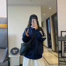 批发美式高街复古拼接条纹立领<b class='q'>卫衣</b>女春秋宽松高级感独特百搭<b class='q'>开衫</b>外套