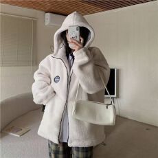 批发秋冬季羊羔毛连帽外套女<b class='q'>情侣</b><b class='q'>百搭</b>加绒加厚白色开衫宽松<b class='q'>大码</b>棉服女