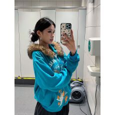 批发美式街头裂纹印花可拆毛领连帽卫衣<b class='q'>女</b>秋季宽松百搭休闲开衫外套