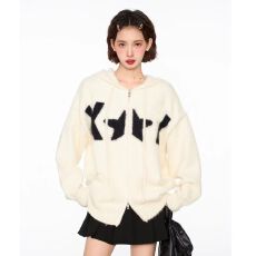 批发<b class='q'>韩国</b>chic秋季复古连帽撞色宽松马海毛长袖开衫针织毛衣外套女