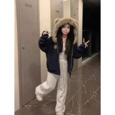 批发【华棉复合银狐绒】韩系慵懒藏青色拉链开衫冬季新款设计感<b class='q'>小熊</b>