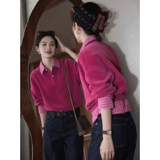 批发<b class='q'>大码</b><b class='q'>女装</b>法式独特洋气假两件格子拼接卫衣女秋冬减龄绝美长袖上衣