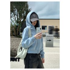 批发短款双拉链美式小个子蓝色拉链连帽<b class='q'>卫衣</b>女加厚宽松休闲<b class='q'>开衫</b>外套