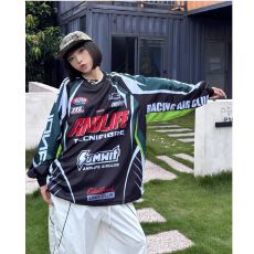 批发原版面料原版做工拼接赛车男女情侣宽松嘻哈街舞t恤长袖春季2026