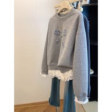 批发纯棉华棉复合<b class='q'>超</b>柔<b class='q'>大码</b>300斤 圆领套头拼接蕾丝花边卫衣女秋冬上衣