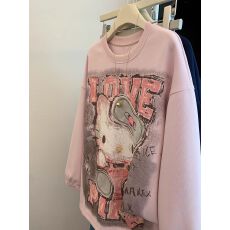 批发纯棉华棉复合<b class='q'>超</b>柔<b class='q'>大码</b>300斤 粉色卡通印花圆领加绒卫衣女秋冬上衣