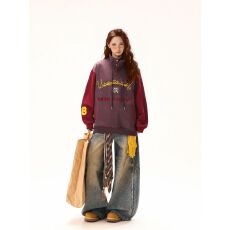 批发美式复古撞色长袖高领<b class='q'>卫衣</b><b class='q'>男</b>女同款设计感绣花小众宽松中性上衣