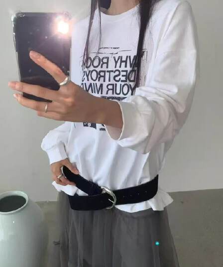 210 그램 순면 플러그 루오 모방 당겨서 어깨 테두리 라운드 넥 긴팔 티셔츠 여성 프린트 맨위