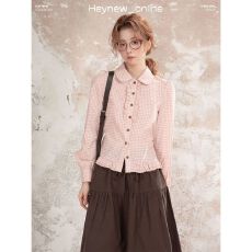 批发温柔系粉色2026娃娃格子木耳花边翻领<b class='q'>衬衫</b>女秋甜美气质<b class='q'>时尚</b>上衣