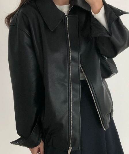 한국 chic 가을 개성 잘 생긴 폴로 칼라 지퍼 디자인 루즈핏 캐주얼 긴팔 오토바이 서비스 가죽 재킷 여성 코트