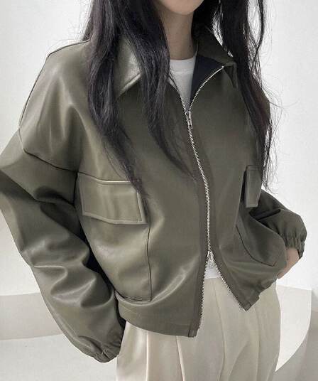 한국 chic 가을 레트로 항구 바람 스탠드 칼라 지퍼 디자인 루즈핏 캐주얼 다용도 긴팔 쇼트 스타일 여성 코트