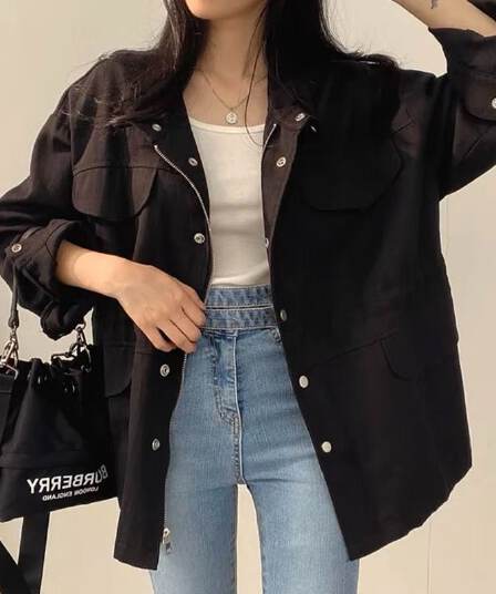 한국 chic 봄 가을 레트로 품격 가짜 주머니 디자인 펌프 로프 허리 수축 슬림해 보이는 워크웨어 재킷 바람막이 여성 코트