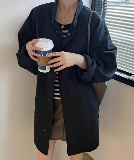 한국 chic 봄 레트로 얇은 스타일 느긋한 바람 스탠드 칼라 루즈핏 캐주얼 긴팔 중간 길이 바람막이 여성 코트