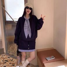 批发休闲套装女撞色格子系带卫衣春秋高腰A字裙半身裙子学院风<b class='q'>两件套</b>