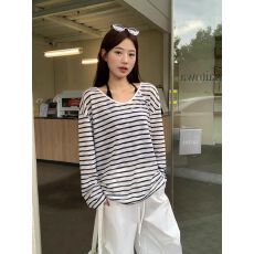 批发韩系条纹防晒<b class='q'>罩衫</b>t恤女春季2026新款宽松慵懒长袖上衣