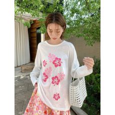 批发粉花卉印花薄款防晒插肩长袖<b class='q'>罩衫</b>宽松女慵懒上衣