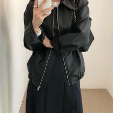 批发韩国chic秋季个性帅气翻领拉链设计宽松休闲长袖<b class='q'>机车</b>服<b class='q'>皮衣</b>外套女