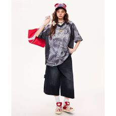 批发2026夏季新款球衣面料美式潮牌美元图案印花短袖T恤男女<b class='q'>情侣</b><b class='q'>夏季</b>