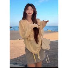 批发夏季新款红色防晒罩衫女长袖t恤外搭宽松薄款漂亮上衣