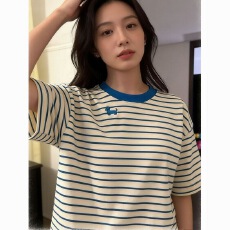 批发面料280克刺绣+内里铺布高质量欧韩<b class='q'>时尚</b>设计条纹新款短袖上衣女