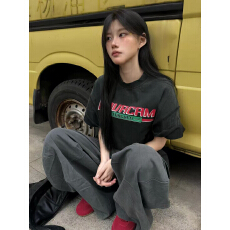 纯棉230克21支精梳紧密水洗做旧印花宽松大版短袖