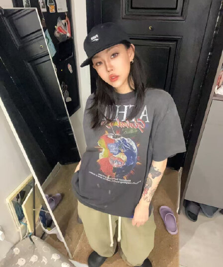 순면 230 크 21 빗질하다 닫기 워싱 마 오래된 프린트 루즈핏 대 에디션 반팔
