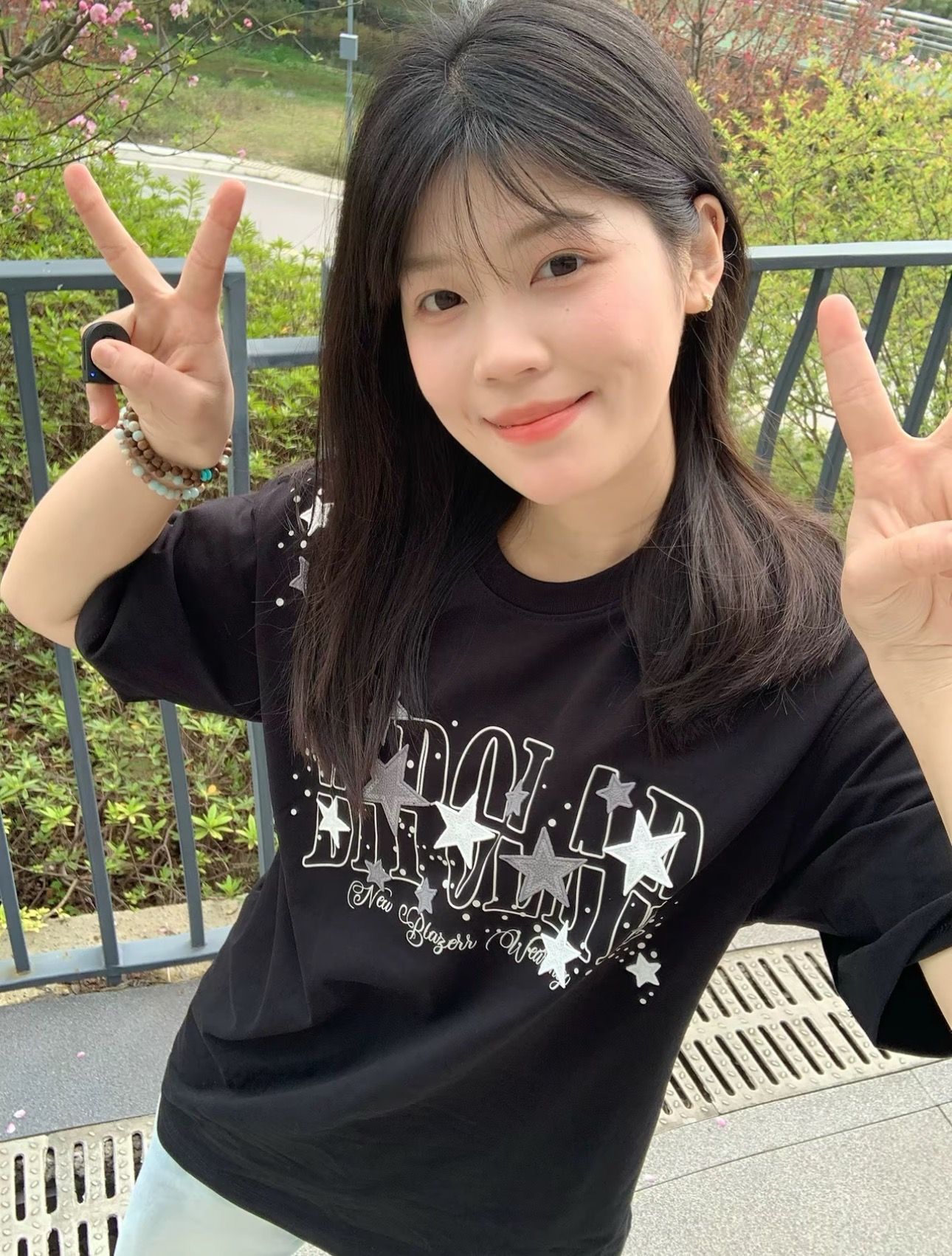 프린트 구슬 조각 자수 네리 가게 천 순면 220 그램 반팔 티셔츠 여성