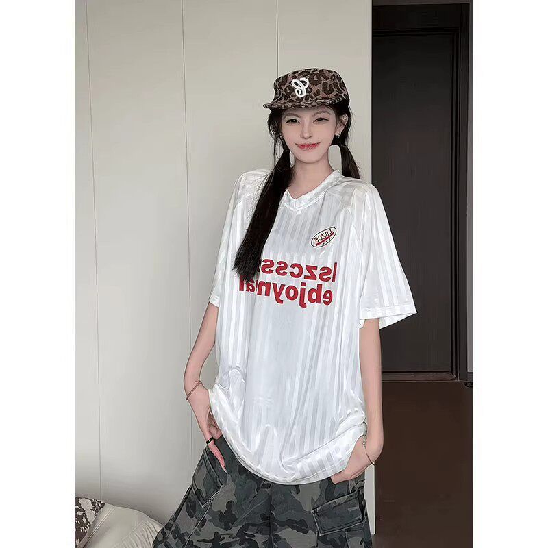 원본 자카드 원단 원본 솜씨 아메리칸 스트라이프 알파벳 프린트 저지 V넥 티셔츠 맨위 남녀 커플 여름