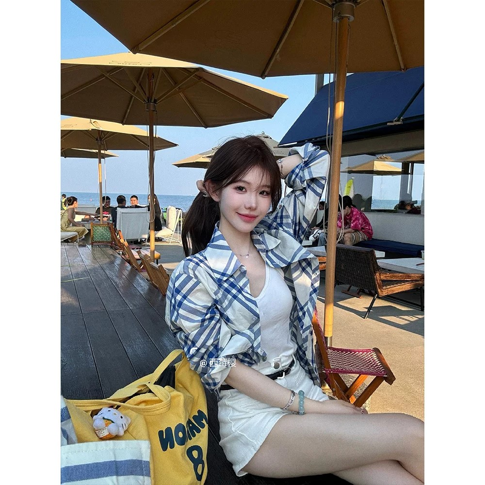 블루 화이트 사선 무늬 체크무늬 자외선 차단 여성 셔츠 여름 루즈핏 긴팔 맨위 재킷 슈퍼 디스플레이 화이트