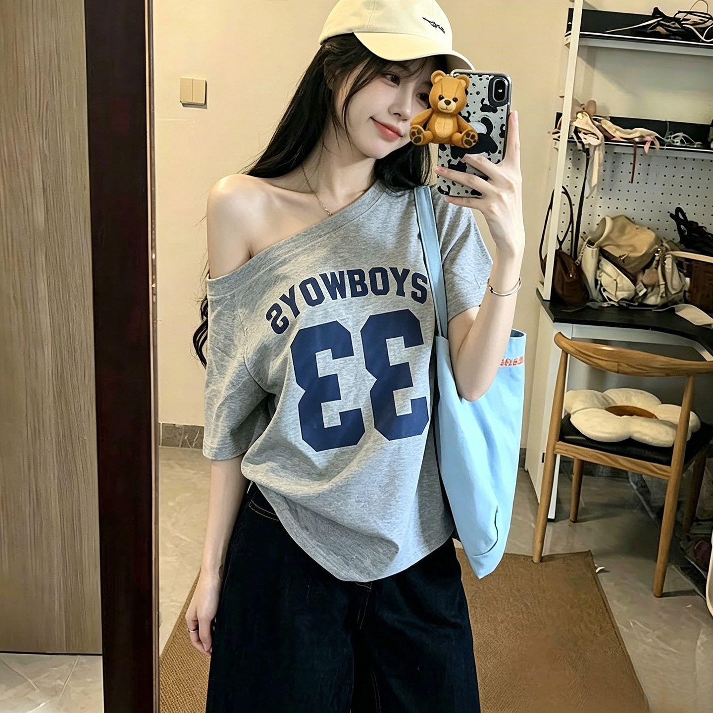 220 그램 92 면 8 암모니아 Lun 아메리칸 핫걸 비스듬한 어깨 알파벳 프린트 반팔 티셔츠 여성