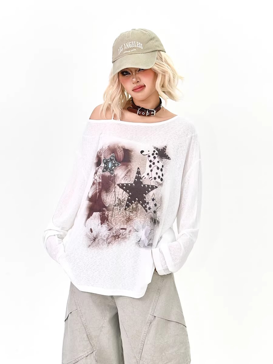 아메리칸 오프숄더 별 프린트 화이트 긴팔 티셔츠 여성 여름 달콤한 차가운 느슨함 센스 루즈핏 새로운 y2k 맨위 여성