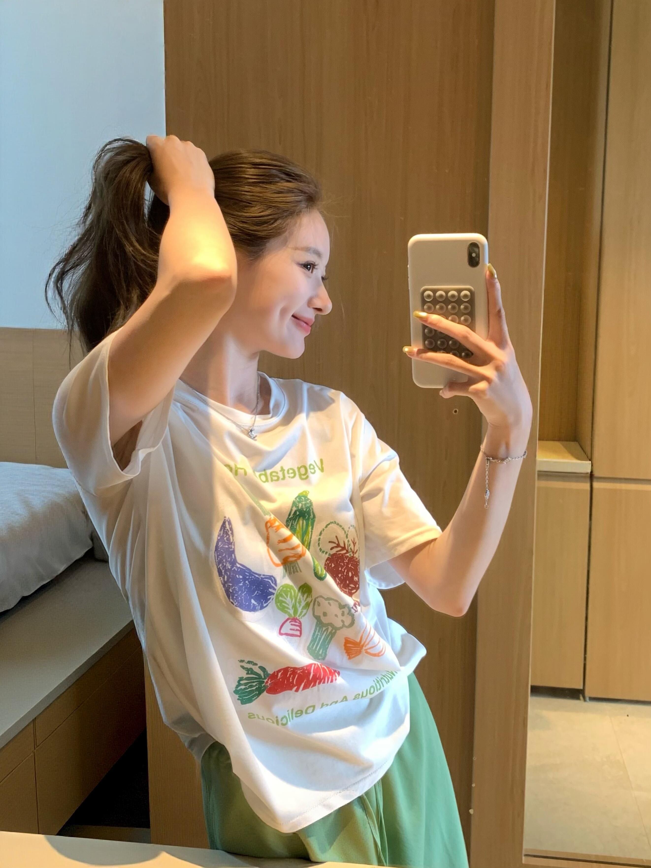 220 그램 빗질하다 순면 이후 패키지 칼라 아메리칸 레트로 루즈핏 라운드 넥 반팔 티셔츠 여성 여름 프린트 맨위 트렌디