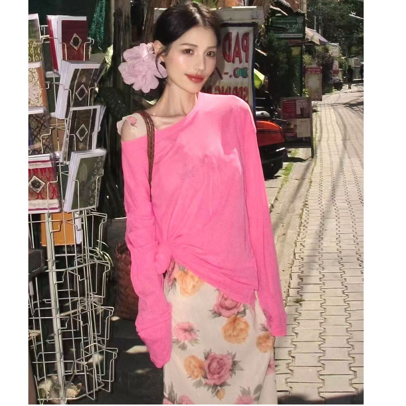 달콤한 차가운 핫걸 바람 고양이 하프 지퍼 반팔 티셔츠 여성 프릴 허리 수축 슬림해 보이는 디자인 센스 맨위