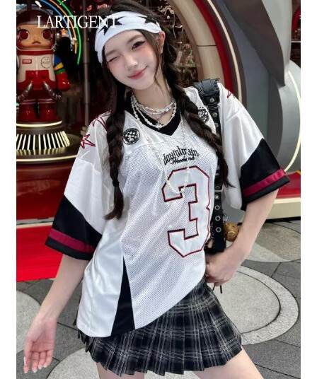 2026 아메리칸 메쉬 속도 건조한 V넥 저지 운동 배색 높음 거리 패치워크 남녀 웃음 하 반팔 티셔츠