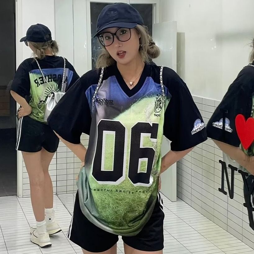 아메리칸 프린트 저지 레트로 운동 캐주얼 반팔 티셔츠 남녀 루즈핏 통기성 맨위