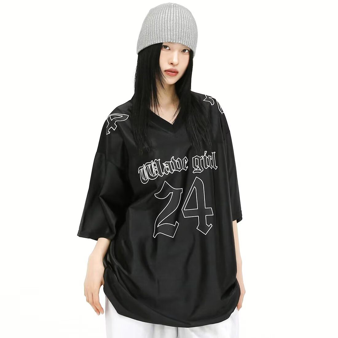 새로운 여름 작은 대중 레트로 V넥 운동 캐주얼 패치워크 zifan 같은 단락 남자 친구 저지 티셔츠 반팔