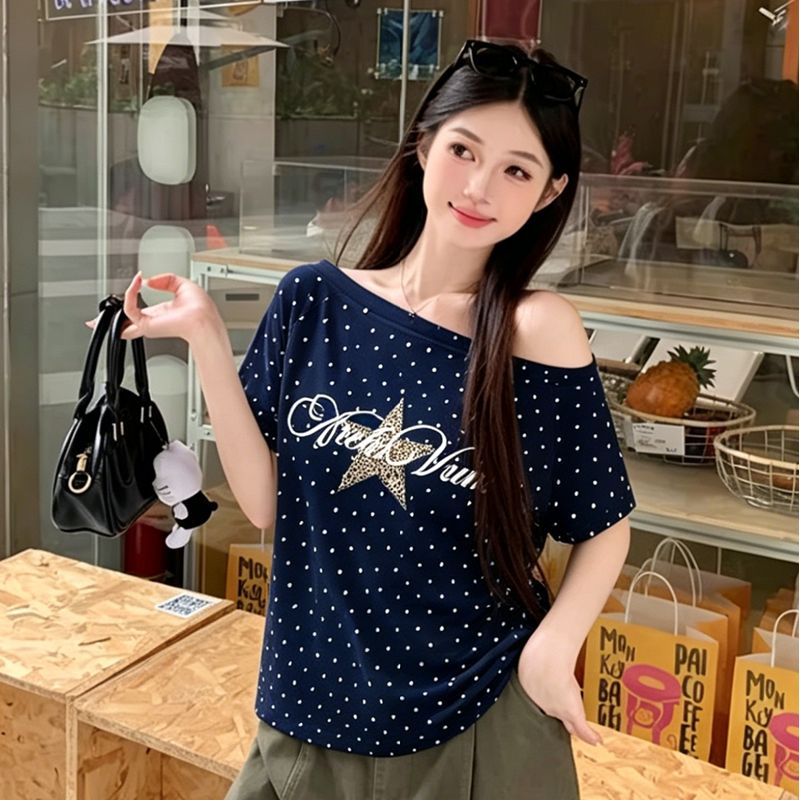 220 그램 40 1 1 순면 여름 새로운 한 부서 도트 무늬 비스듬한 칼라 오프숄더 프린트 섹션 반팔 티셔츠 여성