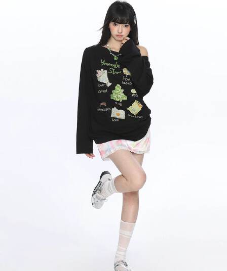 아메리칸 재미있는 프린트 비스듬한 칼라 긴팔 티셔츠 블라우스 여성 여름 느긋한 바람 오프숄더 자외선 차단 맨위