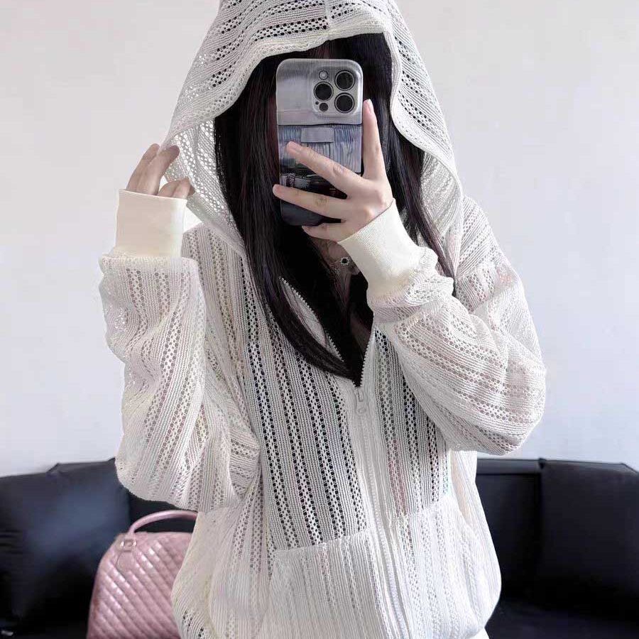 해변가 휴가 후드 남녀 봄 여름 3 차원 귀 메쉬 지퍼 긴팔 자외선 차단 재킷 루즈핏 맨위